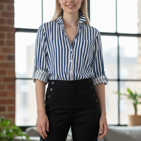Jane + Delancey Button Down Shirt Small Striped Blue & White Roll Tab Sleeves - Picture 2 of 9